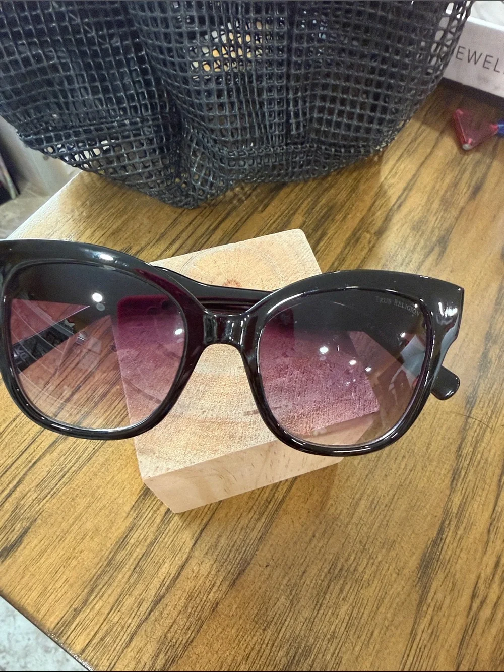 True Religion Black Cat-Eye Sunglasses with Gradient Purple Lenses